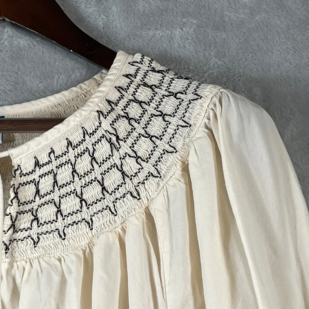 Old Navy Smocked Yoke Top XL Cream Black Puff Sleeve Peasant Boho Blouse Tie